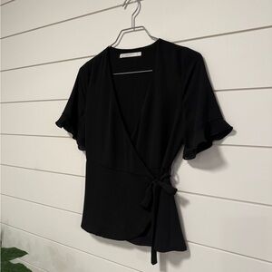 Zara Trafaluc Black Short Sleeve wrap Blouse with Subtle Sleeve Trim Feminine XS